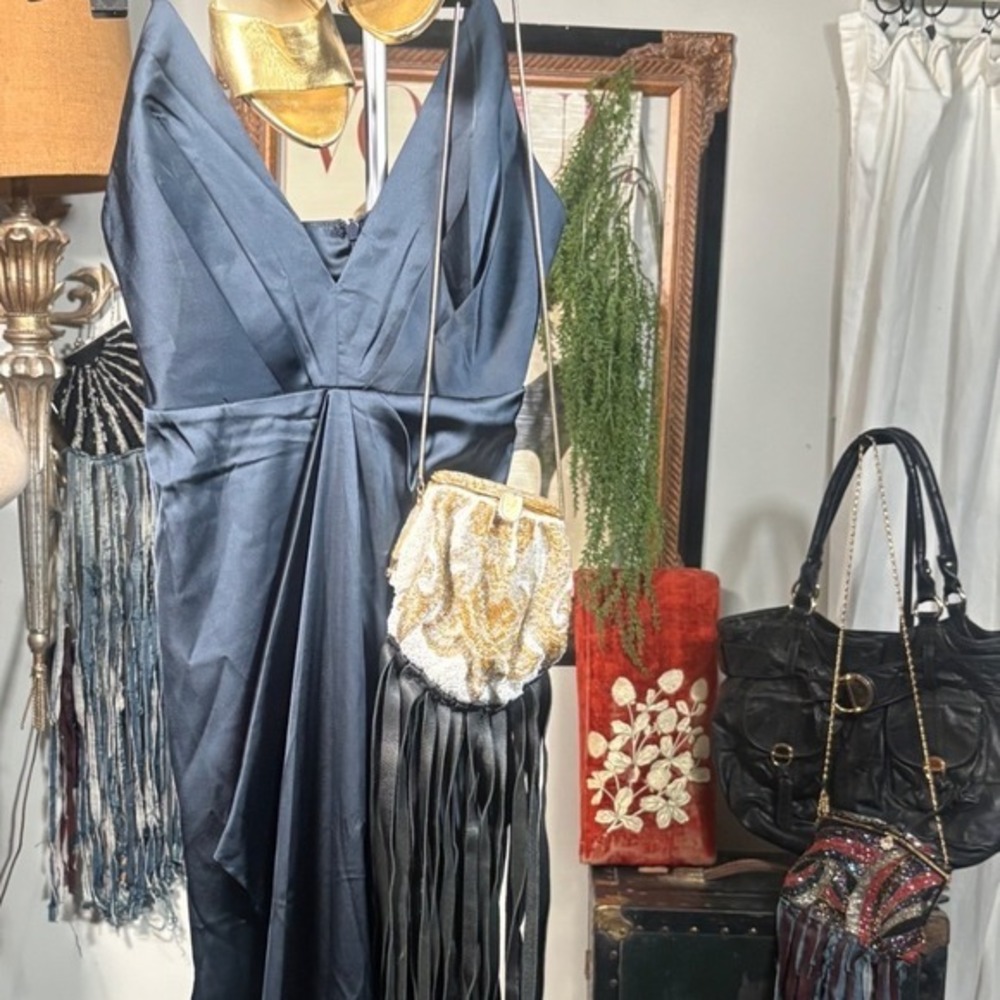 Lulu's Navy Blue Satin Midi Dress Sz Small Spaghetti Strap V-Neck Wedding Guest